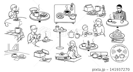 コーヒーとお茶を楽しむリラックスタイムの手描き線画イラストセット コーヒーとお茶を楽しむリラックスタイムの手描き線画イラストセット 141937270