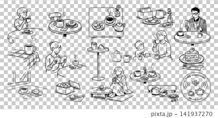 一組手繪線條藝術插圖,描繪了人們享受咖啡和茶的輕鬆時刻。 一組手繪線條藝術插圖,描繪了人們享受咖啡和茶的輕鬆時刻。 141937270