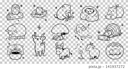 A set of pen-and-ink illustrations of small animals (resting, playing, eating) 141937272