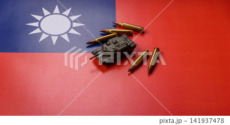 A tank on the taiwanese flag as a conceptual backdrop representing defense 141937478