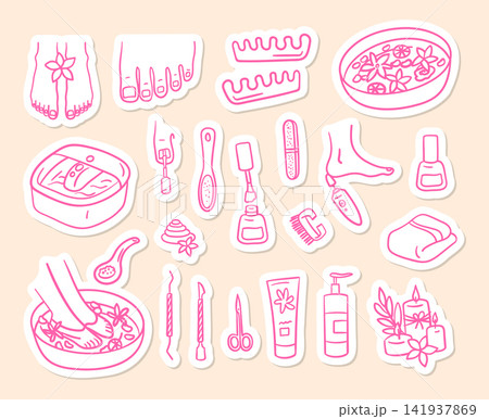 Pedicure and Foot Care Procedure Thin Line Sticker Set Hand Drawn Doodle Style. Vector illustration of Cream and Scissor 141937869