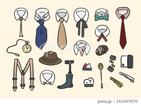 Men Ties and Accessories Colored Thin Line Set Hand Drawn Doodle Style. Vector illustration of Hat, Tie and Watch Men Ties and Accessories Colored Thin Line Set Hand Drawn Doodle Style. Vector illustration of Hat, Tie and Watch 141937870