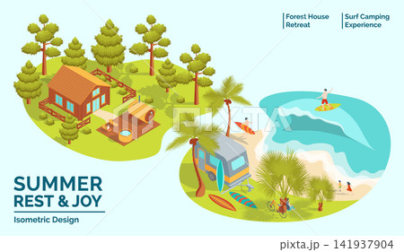 Cartoon Color Summer Rest and Joy Concept Forest House Retreat and Surf Camping Experience 3d Isometric View. Vector illustration Cartoon Color Summer Rest and Joy Concept Forest House Retreat and Surf Camping Experience 3d Isometric View. Vector illustration 141937904