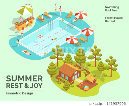 Cartoon Color Summer Rest and Joy Concept Forest House Retreat and Swimming Pool Fun 3d Isometric View. Vector illustration Cartoon Color Summer Rest and Joy Concept Forest House Retreat and Swimming Pool Fun 3d Isometric View. Vector illustration 141937906
