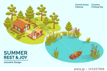Cartoon Color Summer Rest and Joy Concept Forest House Retreat and Country Fishing Trip 3d Isometric View. Vector illustration Cartoon Color Summer Rest and Joy Concept Forest House Retreat and Country Fishing Trip 3d Isometric View. Vector illustration 141937908