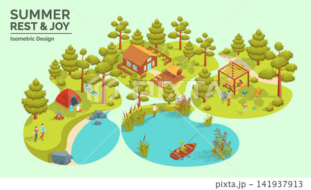 Cartoon Color Summer Rest and Joy Concept Forest House, Picnic, Fishing Trip and Camping 3d Isometric View. Vector illustration 141937913