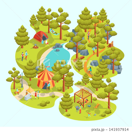 Cartoon Color Summer Rest and Joy Concept Camping, Picnic, Park and Nature Trail Trek 3d Isometric View. Vector illustration 141937914