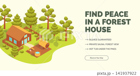 Cartoon Color Find Peace in a Forest House with Private Sauna Concept Banner 3d Isometric View. Vector illustration 141937922
