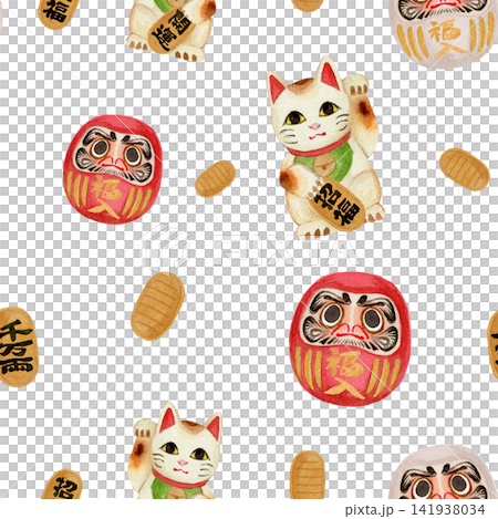 Daruma doll and Maneki-neko illustration seamless pattern Daruma doll and Maneki-neko illustration seamless pattern 141938034