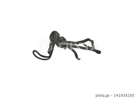 A coiled black textile cord or a round string with a knot. 141938105
