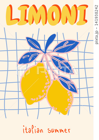 Italian Summer Lemon Poster with Hand Drawn Citrus Branch and Mediterranean Retro Design Italian Summer Lemon Poster with Hand Drawn Citrus Branch and Mediterranean Retro Design 141938242