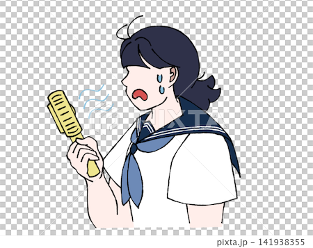 Female student in summer uniform, handheld fan, portable fan, summer, hot, sweat, illustration Female student in summer uniform, handheld fan, portable fan, summer, hot, sweat, illustration 141938355