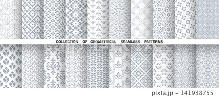 Geometric floral set of seamless patterns. White and gray vector backgrounds. Damask graphic ornaments 141938755