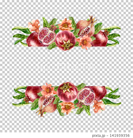 Pomegranate template for text insertion. Ripe red fruits, green leaves and flowers. Hand drawn watercolor illustration in a botanical style for greeting cards, juice labels and natural cosmetics. Pomegranate template for text insertion. Ripe red fruits, green leaves and flowers. Hand drawn watercolor illustration in a botanical style for greeting cards, juice labels and natural cosmetics. 141939356