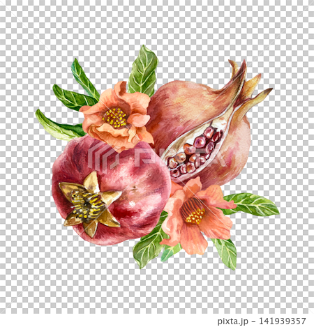Ripe red pomegranates. The fruit is whole, cut open, revealing the seeds, flowers and green leaves. Hand drawn watercolor illustration in a botanical style for juice labels and natural cosmetics. Ripe red pomegranates. The fruit is whole, cut open, revealing the seeds, flowers and green leaves. Hand drawn watercolor illustration in a botanical style for juice labels and natural cosmetics. 141939357