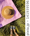 Summer flat lay. Picnic blanket, hat, woman legs on green grass. 141939596