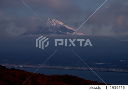 伊豆半島 伊豆山稜線歩道の金冠山 夜明け前の富士山 伊豆半島 伊豆山稜線歩道の金冠山 夜明け前の富士山 141939636