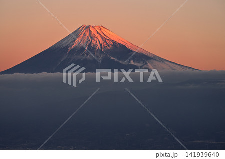 伊豆半島 伊豆山稜線歩道の金冠山 朝焼けに染まる富士山 伊豆半島 伊豆山稜線歩道の金冠山 朝焼けに染まる富士山 141939640