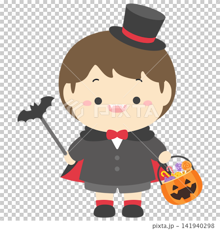 Vector illustration of a child in a Halloween vampire costume with candy. Vector illustration of a child in a Halloween vampire costume with candy. 141940298
