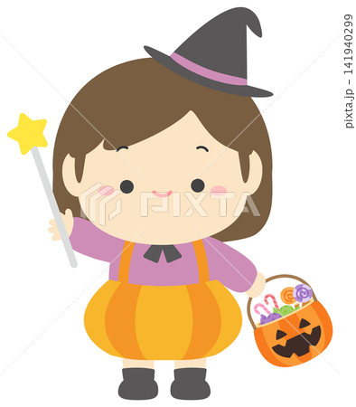 ハロウィンのかぼちゃの仮装の子供とお菓子のベクターイラスト ハロウィンのかぼちゃの仮装の子供とお菓子のベクターイラスト 141940299