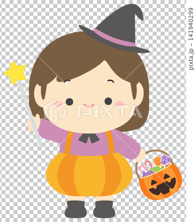 ハロウィンのかぼちゃの仮装の子供とお菓子のベクターイラスト ハロウィンのかぼちゃの仮装の子供とお菓子のベクターイラスト 141940299