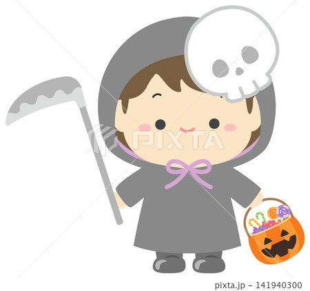 ハロウィンの死神の仮装の子供とお菓子のベクターイラスト 141940300