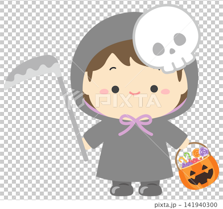 ハロウィンの死神の仮装の子供とお菓子のベクターイラスト 141940300