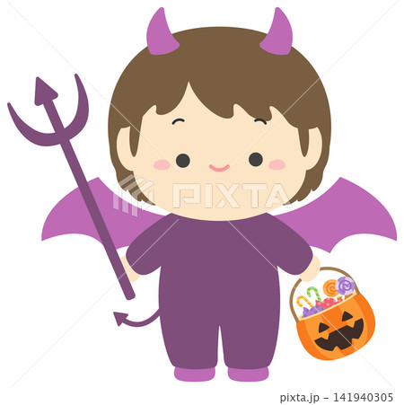 ハロウィンの悪魔の仮装の子供とお菓子のベクターイラスト ハロウィンの悪魔の仮装の子供とお菓子のベクターイラスト 141940305