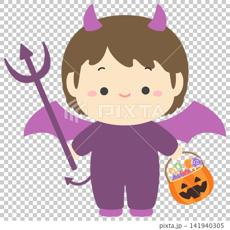 ハロウィンの悪魔の仮装の子供とお菓子のベクターイラスト ハロウィンの悪魔の仮装の子供とお菓子のベクターイラスト 141940305