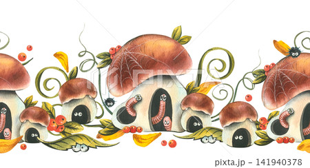 Watercolor seamless border with cute mushroom houses inhabited by funny worms and spiders. Autumn harvest illustration in childish style. Whimsical woodland fantasy for nursery design. Watercolor seamless border with cute mushroom houses inhabited by funny worms and spiders. Autumn harvest illustration in childish style. Whimsical woodland fantasy for nursery design. 141940378