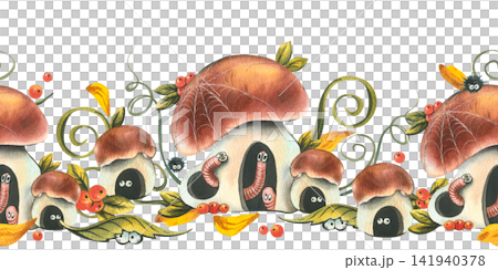 Watercolor seamless border with cute mushroom houses inhabited by funny worms and spiders. Autumn harvest illustration in childish style. Whimsical woodland fantasy for nursery design. Watercolor seamless border with cute mushroom houses inhabited by funny worms and spiders. Autumn harvest illustration in childish style. Whimsical woodland fantasy for nursery design. 141940378