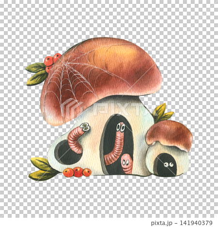 Watercolor illustration of cute mushroom house with funny worms. Hand drawn forest habitat with berries and cobweb. Decorative autumn themed artwork for children design projects. Watercolor illustration of cute mushroom house with funny worms. Hand drawn forest habitat with berries and cobweb. Decorative autumn themed artwork for children design projects. 141940379