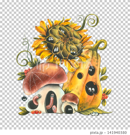 Watercolor illustration of cute autumn pumpkin house with sunflower and mushroom home for small characters. Funny vegetable harvest scene for nursery decoration and holiday greeting card. 141940380