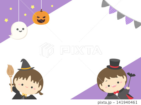 ハロウィンの子供とかぼちゃやおばけの飾りのフレーム、紫色 141940461