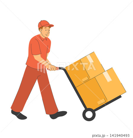 Courier pushing cart with boxes Courier pushing cart with boxes 141940493