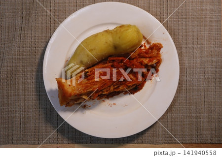 Kimchi and Potato on White Plate Kimchi and Potato on White Plate 141940558