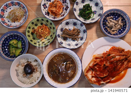 Traditional Korean Meal Spread with Side Dishes 141940571