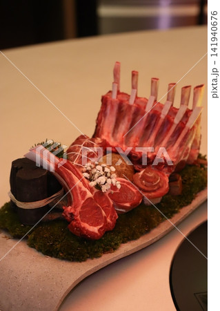 Artisanal Meat Platter with Moss and Garnishes 141940676