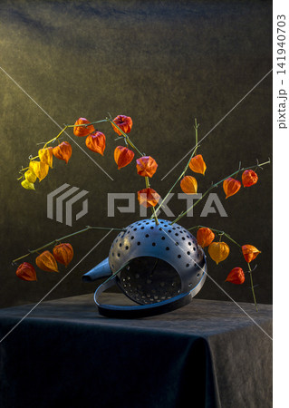 Physalis plant branches in a teapot with drilled holes 141940703