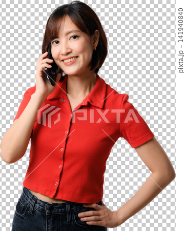 Asian woman smiling in red shirt with hand on hip isolated against transparent background, expressing confidence and friendly professionalism Asian woman smiling in red shirt with hand on hip isolated against transparent background, expressing confidence and friendly professionalism 141940840