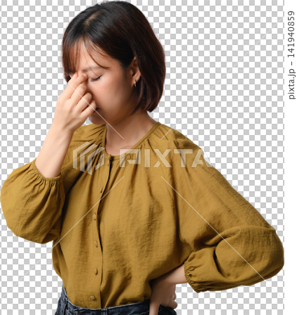 Asian woman touching nose with eyes closed and thoughtful expression isolated on transparent background 141940859