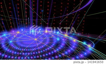 光る点のネットワークと光線が織りなす未来的なデジタル空間 光る点のネットワークと光線が織りなす未来的なデジタル空間 141941650
