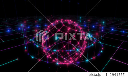 グリッド上の球体と光のネットワークを示す抽象グラフィック 141941755