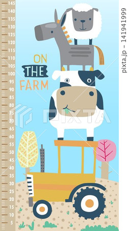 Cute Farm Animal Growth Chart for Kids Featuring Cow Donkey Sheep and Tractor in Cartoon Style 141941999