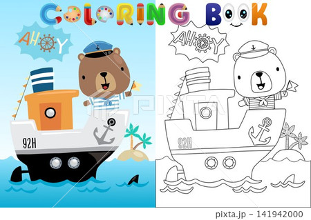 Cute Bear Sailor on a Steamboat Ship Coloring Book Page for Kids with Line Art and Colored Version 141942000