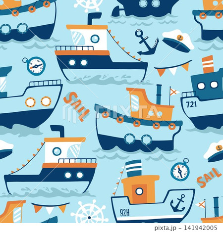 Cute Nautical Seamless Pattern with Cartoon Ships Anchors and Sailing Elements for Kids and Nursery Cute Nautical Seamless Pattern with Cartoon Ships Anchors and Sailing Elements for Kids and Nursery 141942005