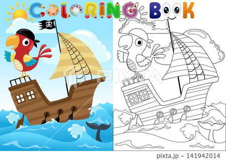 Cute Cartoon Pirate Parrot on a Wooden Ship in the Ocean Kids Coloring Book Page with Colored Example Cute Cartoon Pirate Parrot on a Wooden Ship in the Ocean Kids Coloring Book Page with Colored Example 141942014