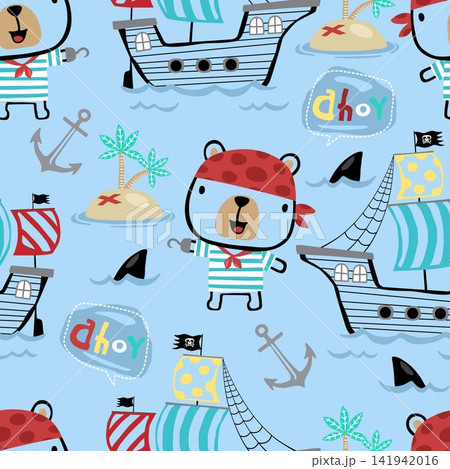 Seamless Pattern of Cute Cartoon Pirate Bears Sailing Ships on the Ocean with Islands and Anchors 141942016