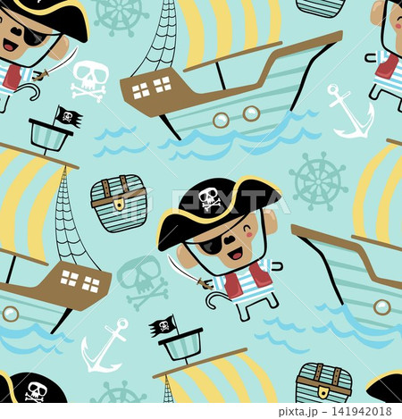 Seamless pattern of cute monkey pirates on a sailing adventure with ships, treasure, and anchors. Seamless pattern of cute monkey pirates on a sailing adventure with ships, treasure, and anchors. 141942018
