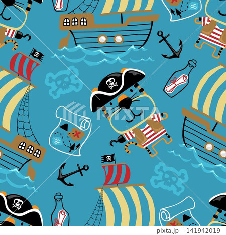Cute Pirate Tiger Seamless Pattern with Sailing Ships Treasure Maps and Anchors on Blue Background Cute Pirate Tiger Seamless Pattern with Sailing Ships Treasure Maps and Anchors on Blue Background 141942019